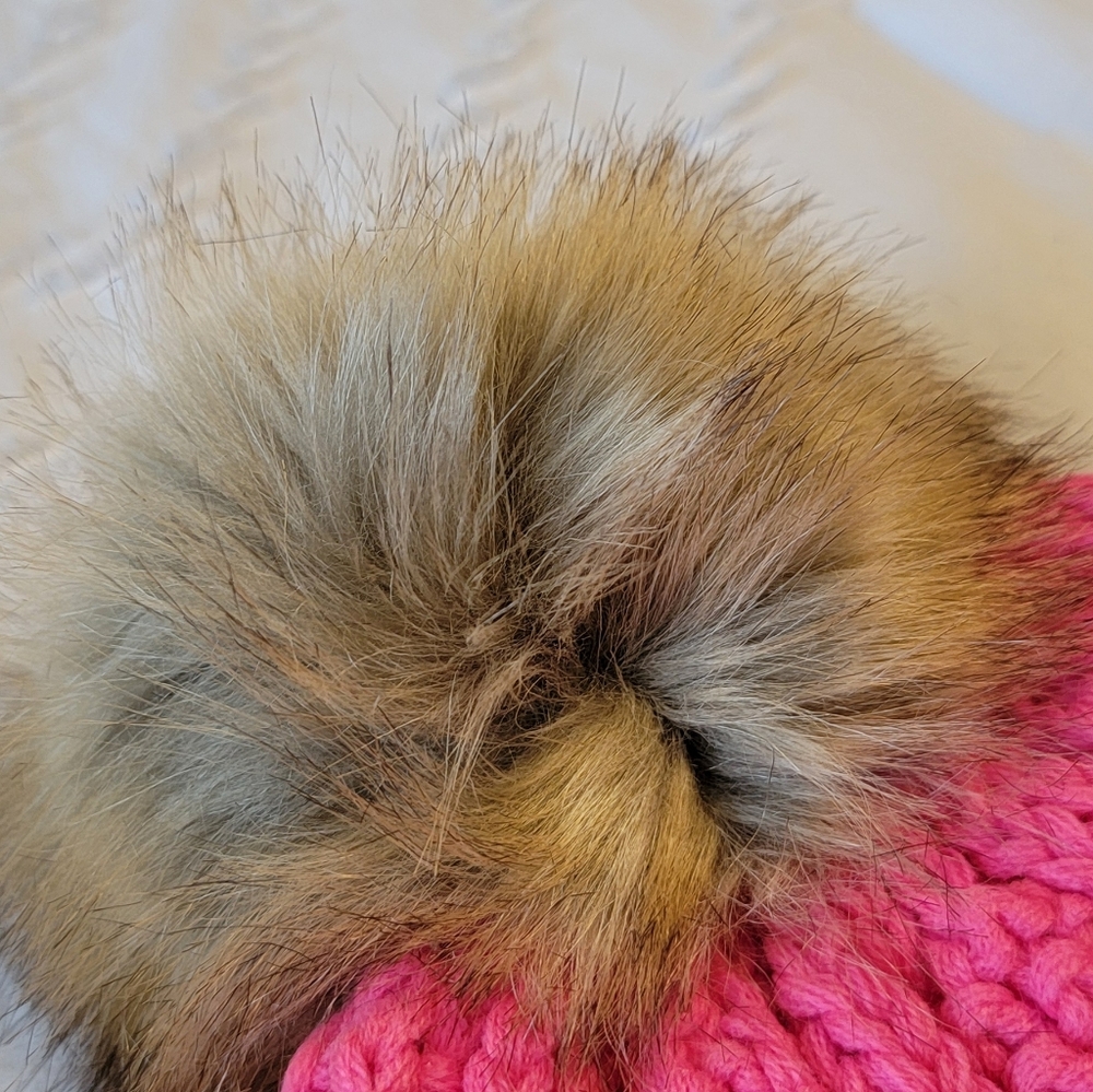 C.C. Hot Pink Knit Women's Beanie with Faux Fur Pom Pom - Picture 3 of 5